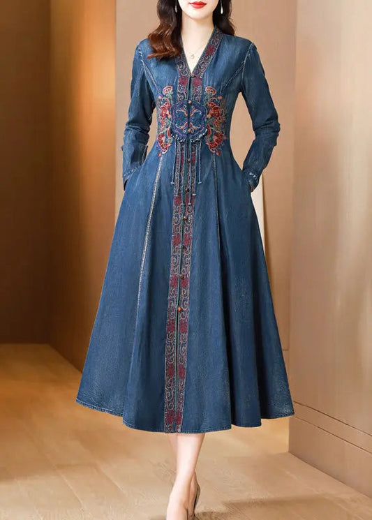 Bohemian Blue V Neck Embroideried Patchwork Denim Dresses Fall Ada Fashion