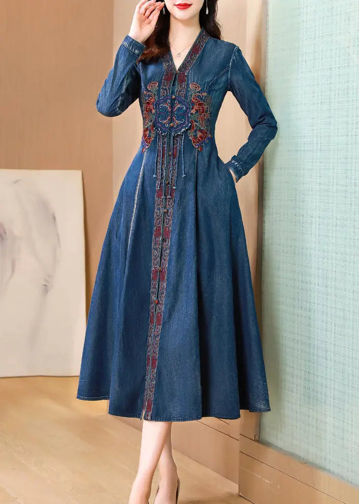 Bohemian Blue V Neck Embroideried Patchwork Denim Dresses Fall Ada Fashion