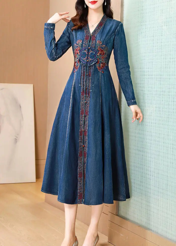 Bohemian Blue V Neck Embroideried Patchwork Denim Dresses Fall Ada Fashion