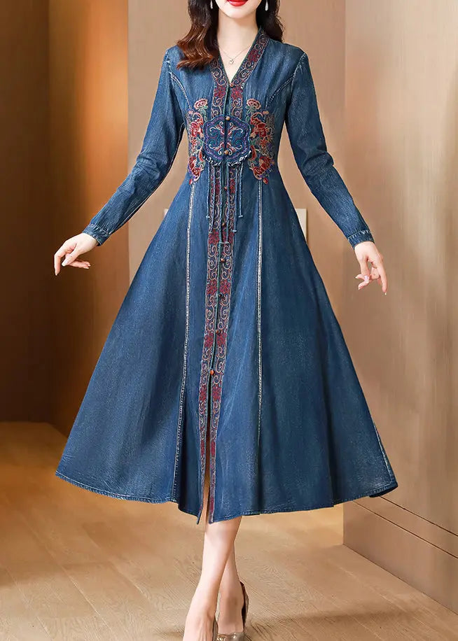 Bohemian Blue V Neck Embroideried Patchwork Denim Dresses Fall Ada Fashion