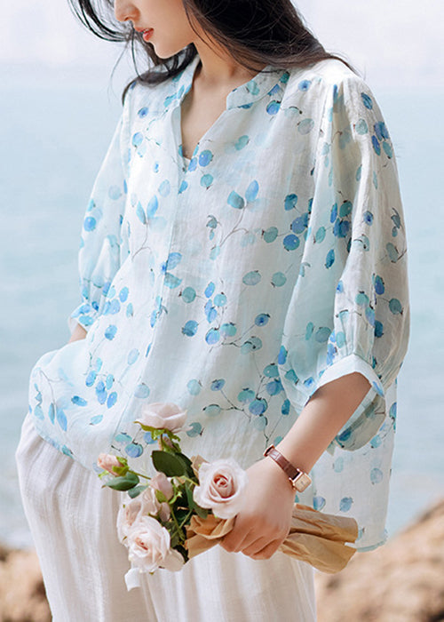 Bohemian Blue V Neck Print Linen Shirt Tops Lantern Sleeve Ada Fashion