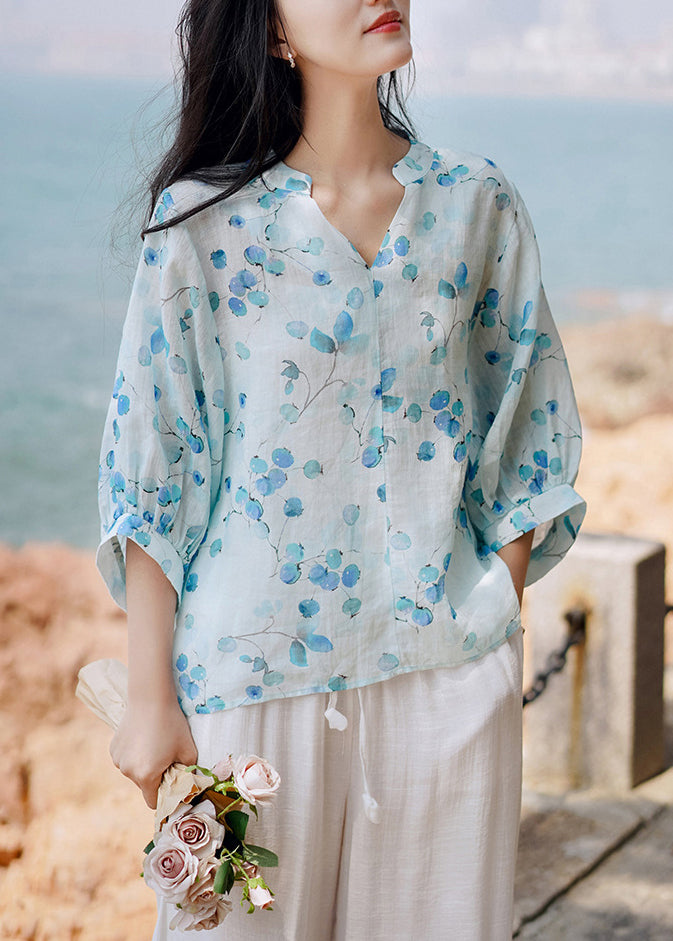 Bohemian Blue V Neck Print Linen Shirt Tops Lantern Sleeve Ada Fashion