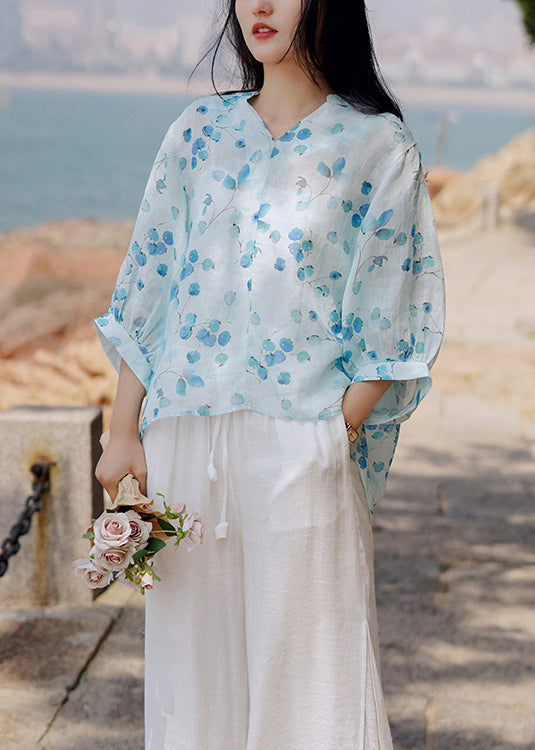 Bohemian Blue V Neck Print Linen Shirt Tops Lantern Sleeve Ada Fashion