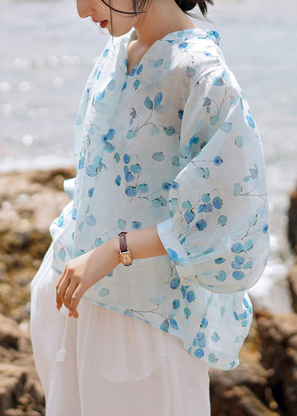 Bohemian Blue V Neck Print Linen Shirt Tops Lantern Sleeve Ada Fashion