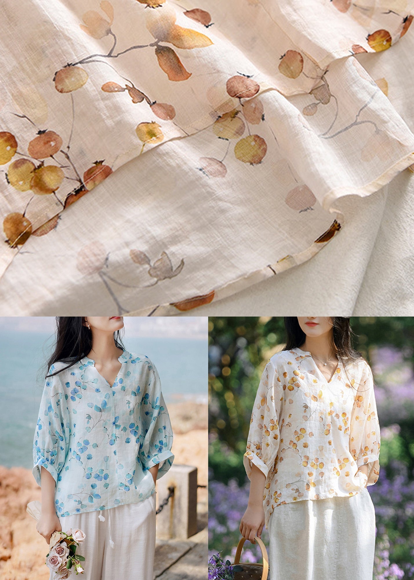 Bohemian Blue V Neck Print Linen Shirt Tops Lantern Sleeve Ada Fashion