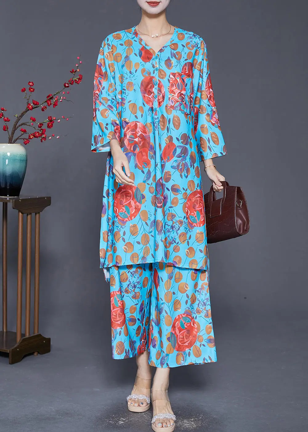 Bohemian Blue V Neck Print Side Open Two Pieces Set Fall Ada Fashion