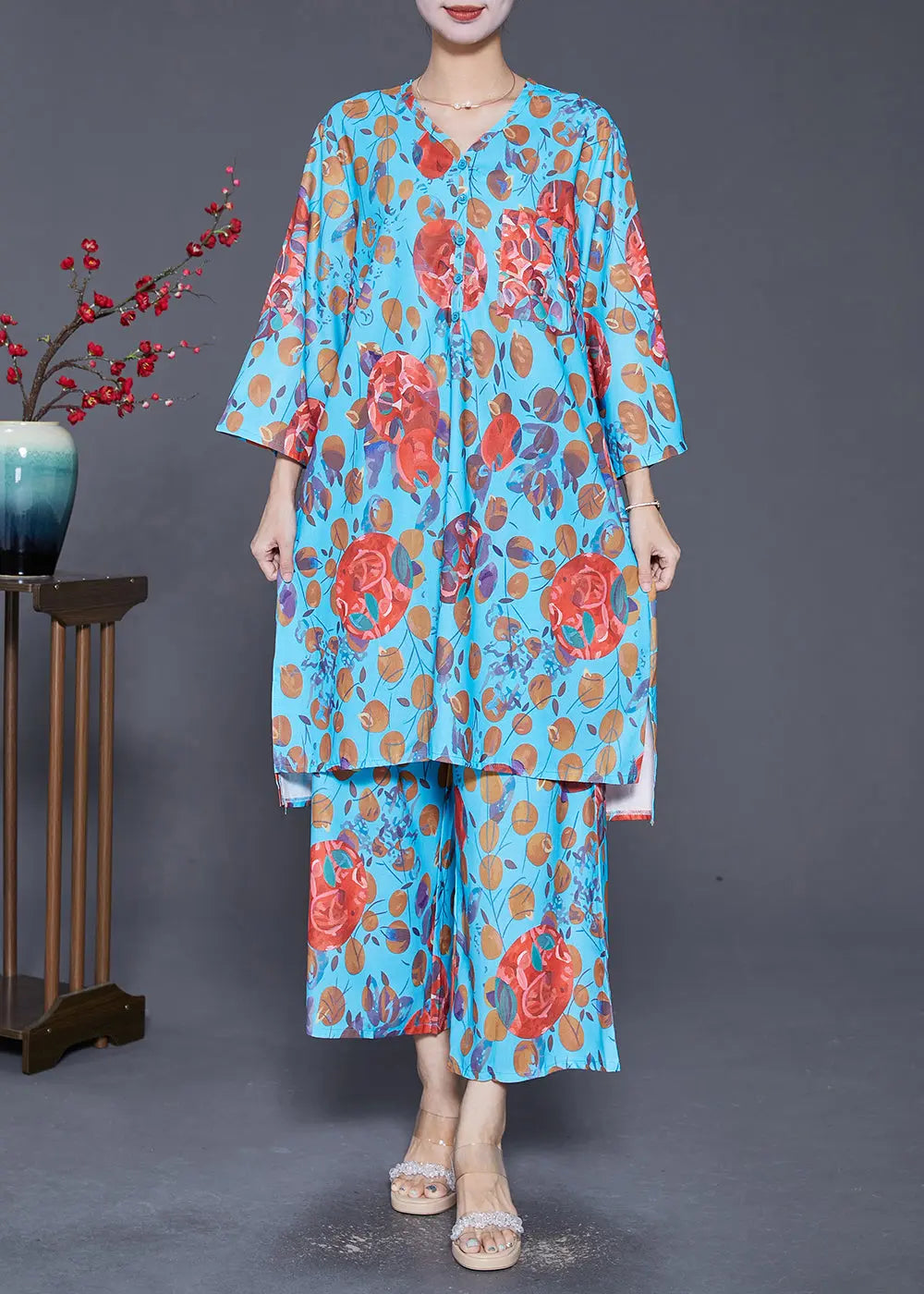 Bohemian Blue V Neck Print Side Open Two Pieces Set Fall Ada Fashion