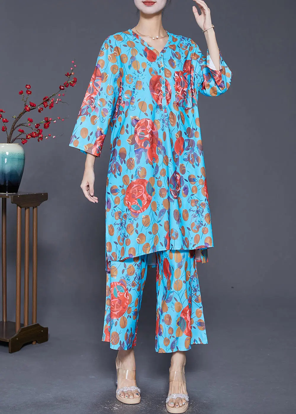 Bohemian Blue V Neck Print Side Open Two Pieces Set Fall Ada Fashion