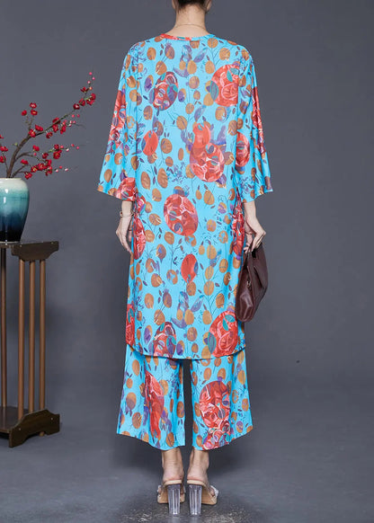 Bohemian Blue V Neck Print Side Open Two Pieces Set Fall Ada Fashion