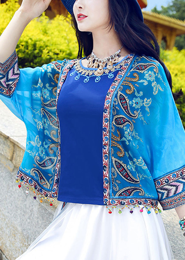 Bohemian Blue V Neck Print Tassel Cardigan Summer LY0179 - fabuloryshop