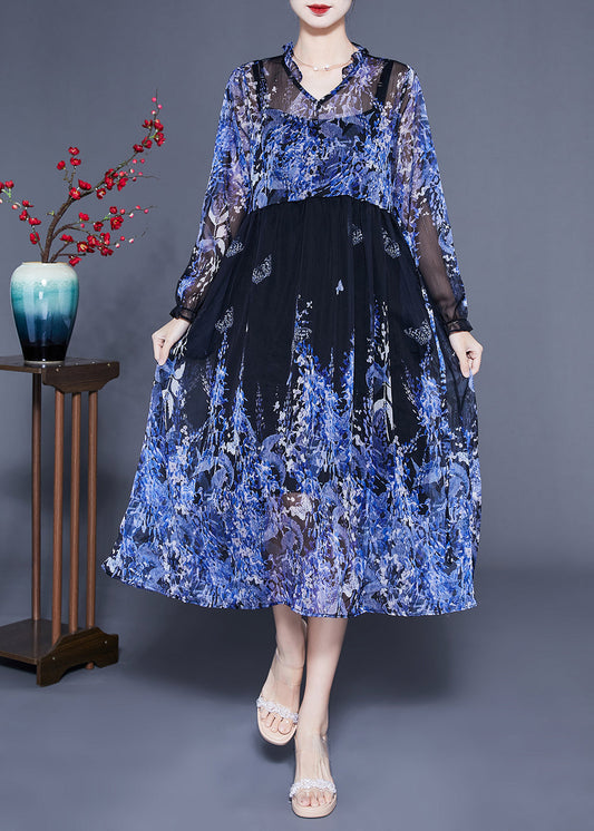 Bohemian Blue V Neck Ruffled Print Chiffon Holiday Dresses Two Piece Set Summer LC0416 - fabuloryshop
