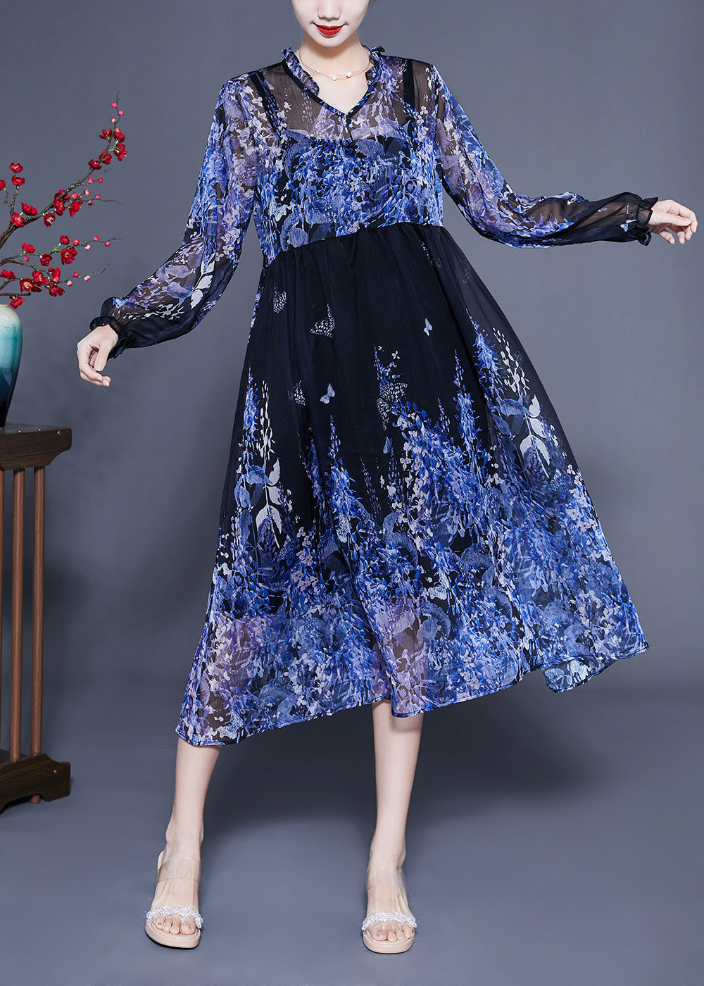 Bohemian Blue V Neck Ruffled Print Chiffon Holiday Dresses Two Piece Set Summer LC0416 - fabuloryshop