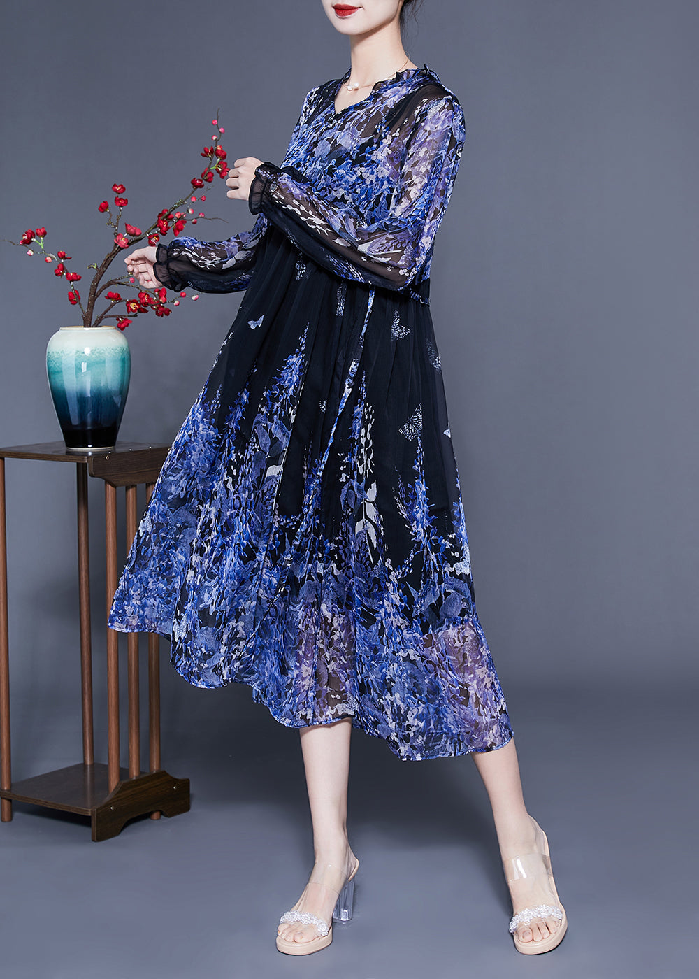 Bohemian Blue V Neck Ruffled Print Chiffon Holiday Dresses Two Piece Set Summer LC0416 - fabuloryshop