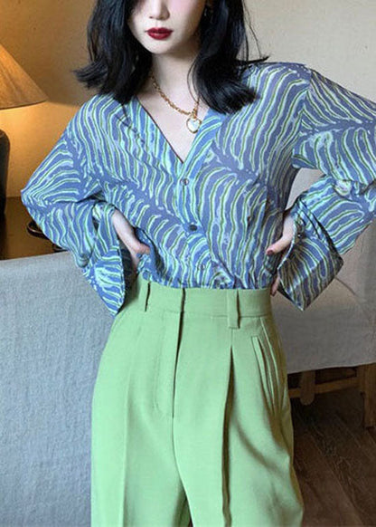 Bohemian Blue V Neck Striped Print Chiffon Shirt Top Spring LY0387 - fabuloryshop