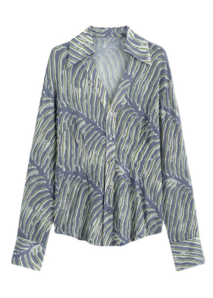 Bohemian Blue V Neck Striped Print Chiffon Shirt Top Spring LY0387 - fabuloryshop