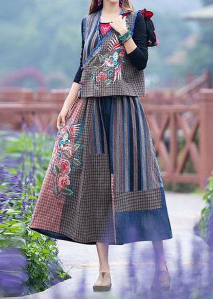 Bohemian Blue Wrinkled Embroideried Patchwork Linen Two Pieces Set Summer LY4551 - fabuloryshop