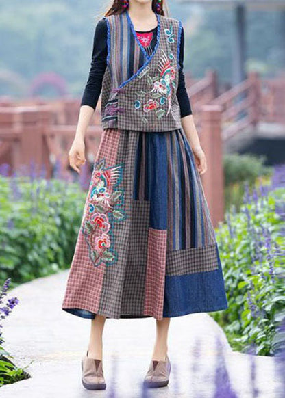 Bohemian Blue Wrinkled Embroideried Patchwork Linen Two Pieces Set Summer LY4551 - fabuloryshop