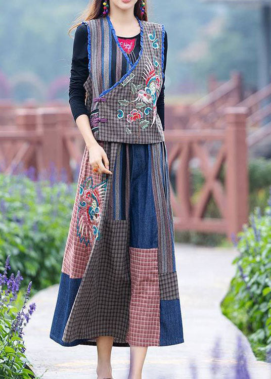 Bohemian Blue Wrinkled Embroideried Patchwork Linen Two Pieces Set Summer LY4551 - fabuloryshop