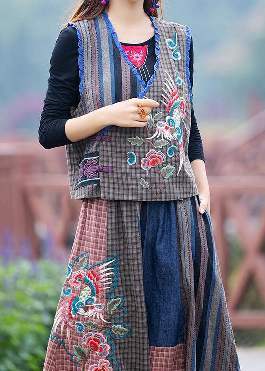 Bohemian Blue Wrinkled Embroideried Patchwork Linen Two Pieces Set Summer LY4551 - fabuloryshop