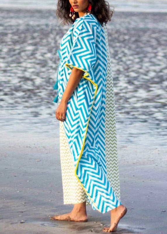 Bohemian Blue Yellow Striped Patchwork Drawstring Tie Waist Maxi Dresses Summer LY3048 - fabuloryshop