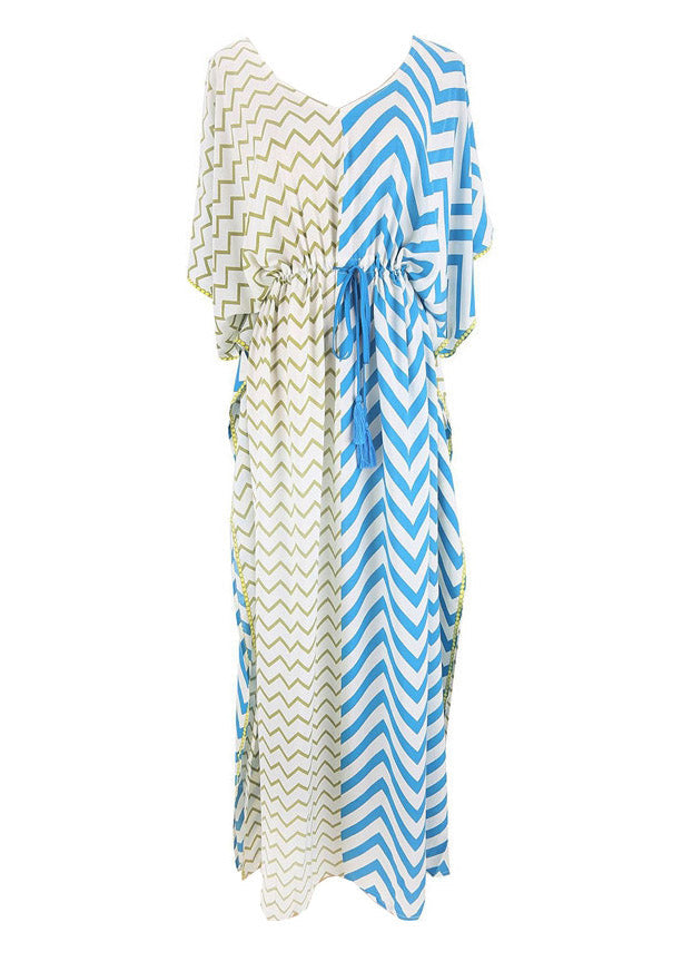 Bohemian Blue Yellow Striped Patchwork Drawstring Tie Waist Maxi Dresses Summer LY3048 - fabuloryshop