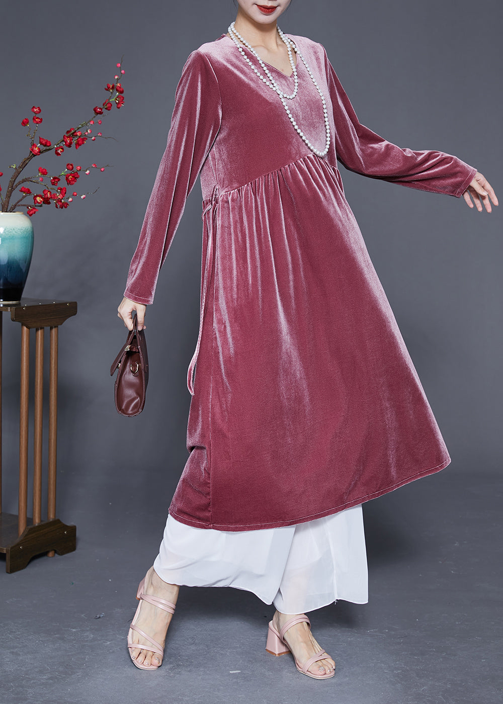 Bohemian Brick Red V Neck Patchwork Silk Velour Maxi Dresses Spring LY2884 - fabuloryshop