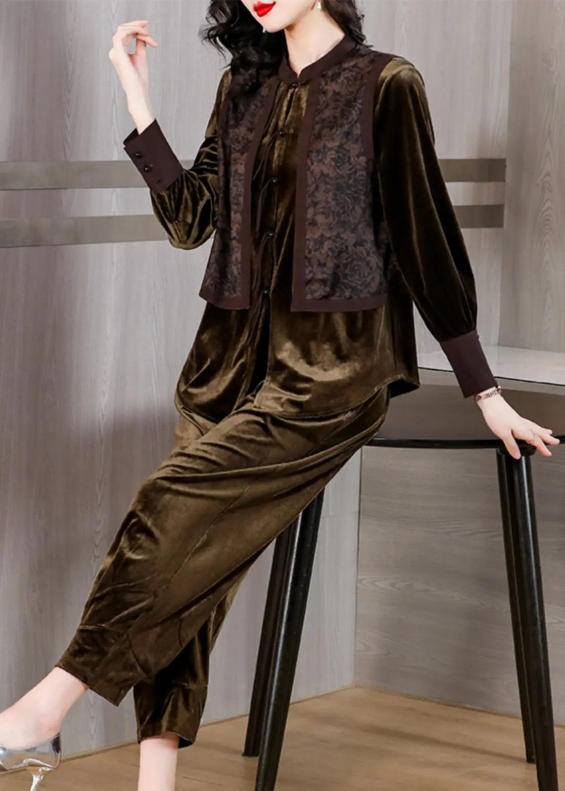 Bohemian Brown Patchwork Button Silk Velour Top And Harem Pants Two Pieces Set Long Sleeve Ada Fashion