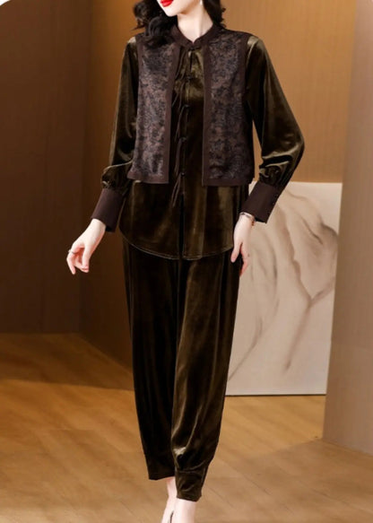 Bohemian Brown Patchwork Button Silk Velour Top And Harem Pants Two Pieces Set Long Sleeve Ada Fashion