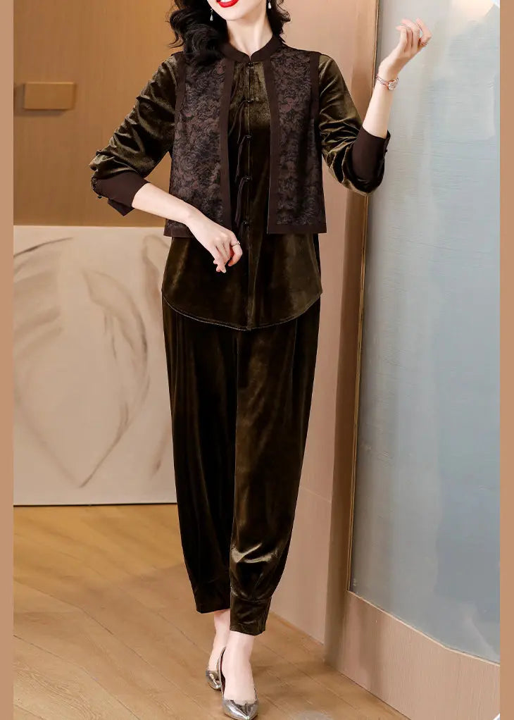 Bohemian Brown Patchwork Button Silk Velour Top And Harem Pants Two Pieces Set Long Sleeve Ada Fashion