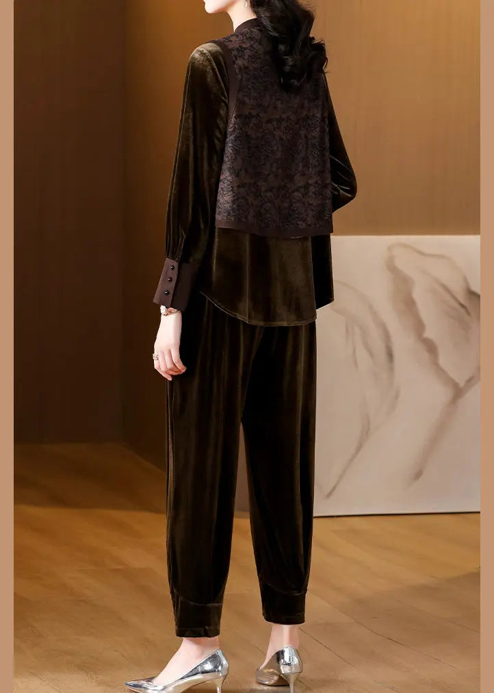 Bohemian Brown Patchwork Button Silk Velour Top And Harem Pants Two Pieces Set Long Sleeve Ada Fashion