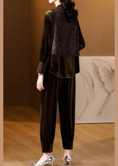 Bohemian Brown Patchwork Button Silk Velour Top And Harem Pants Two Pieces Set Long Sleeve Ada Fashion