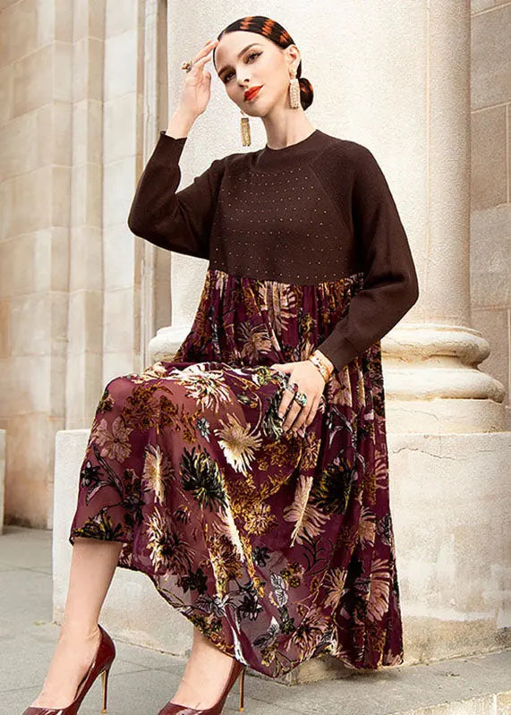 Bohemian Chocolate O-Neck Wrinkled Print Patchwork Knit Sweater Dress Fall Ada Fashion