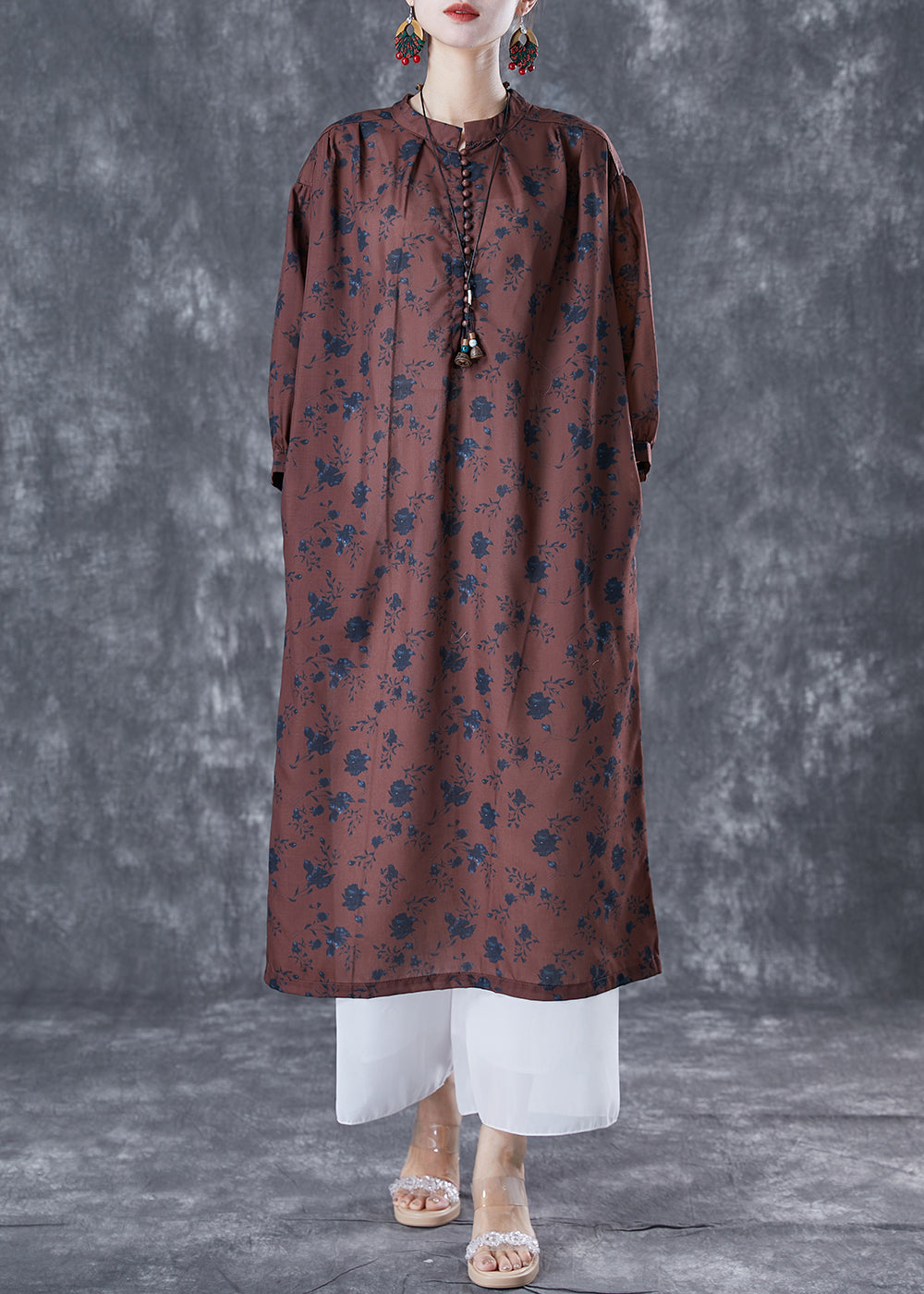 Bohemian Chocolate Oversized Print Linen Maxi Dresses Bracelet Sleeve LY5014 - fabuloryshop