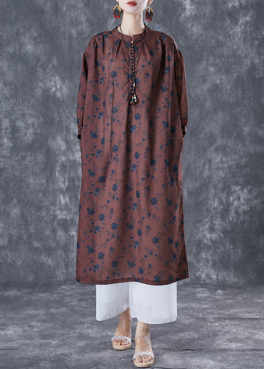Bohemian Chocolate Oversized Print Linen Maxi Dresses Bracelet Sleeve LY5014 - fabuloryshop