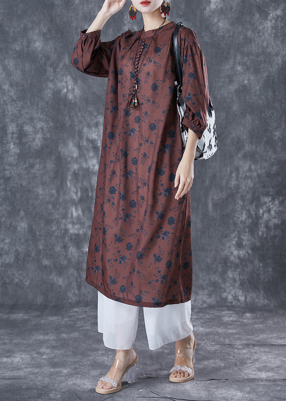 Bohemian Chocolate Oversized Print Linen Maxi Dresses Bracelet Sleeve LY5014 - fabuloryshop