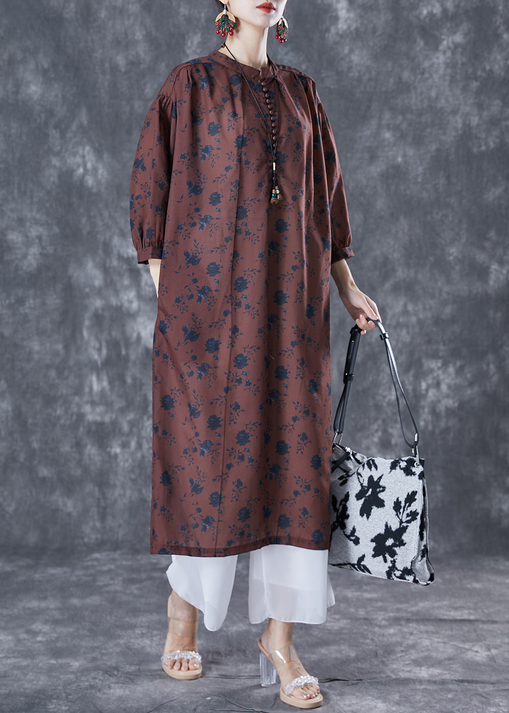 Bohemian Chocolate Oversized Print Linen Maxi Dresses Bracelet Sleeve LY5014 - fabuloryshop