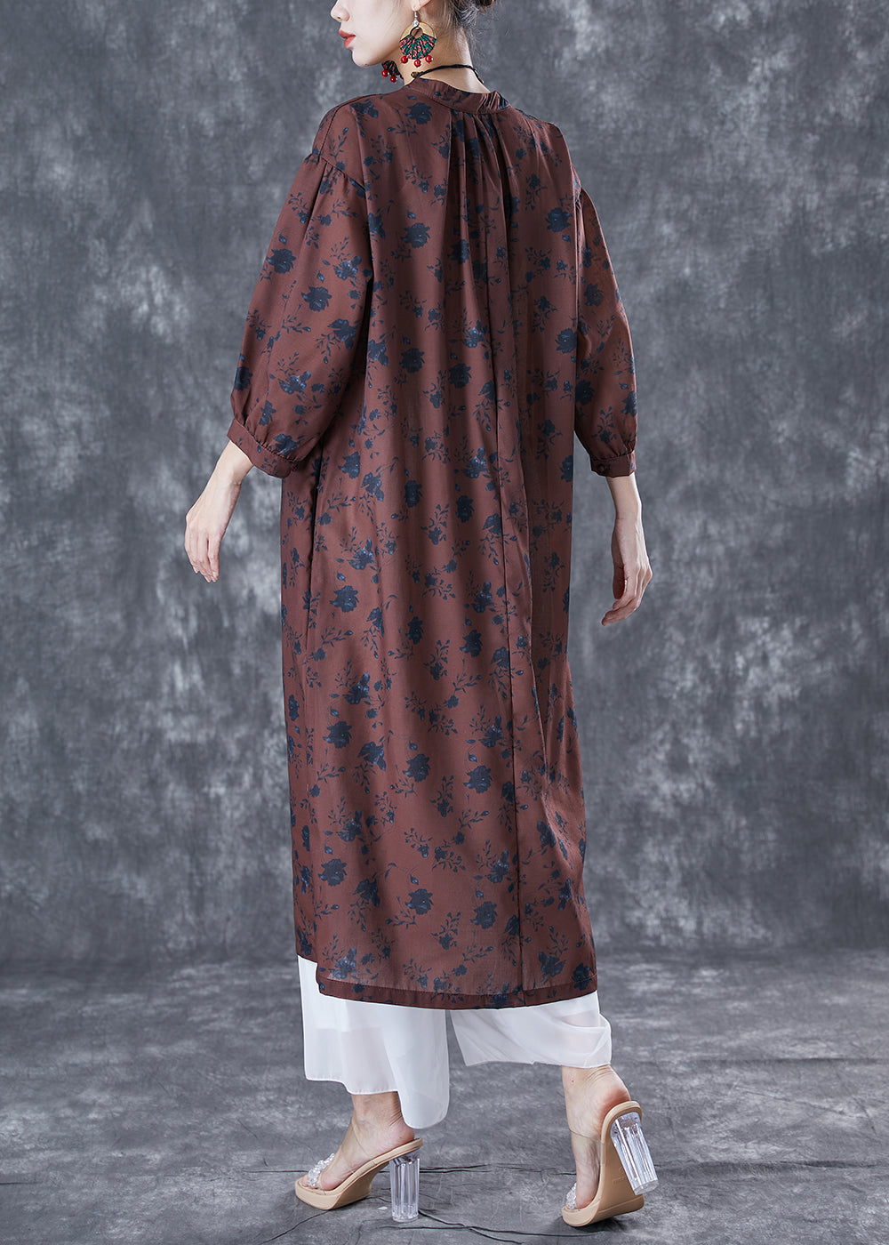 Bohemian Chocolate Oversized Print Linen Maxi Dresses Bracelet Sleeve LY5014 - fabuloryshop
