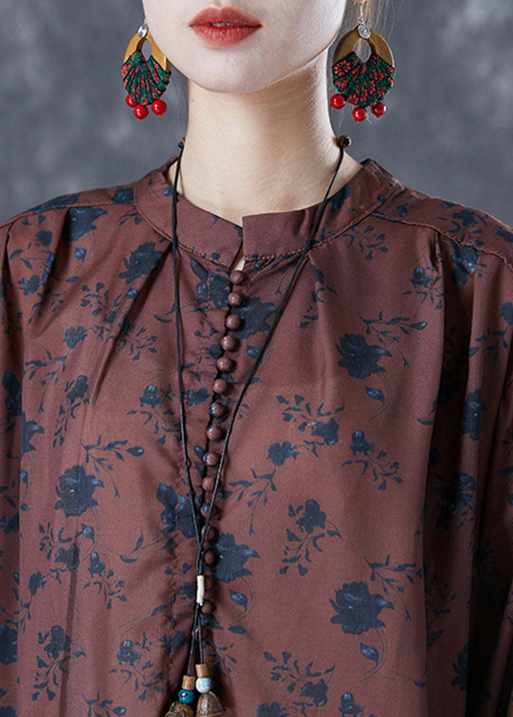 Bohemian Chocolate Oversized Print Linen Maxi Dresses Bracelet Sleeve LY5014 - fabuloryshop