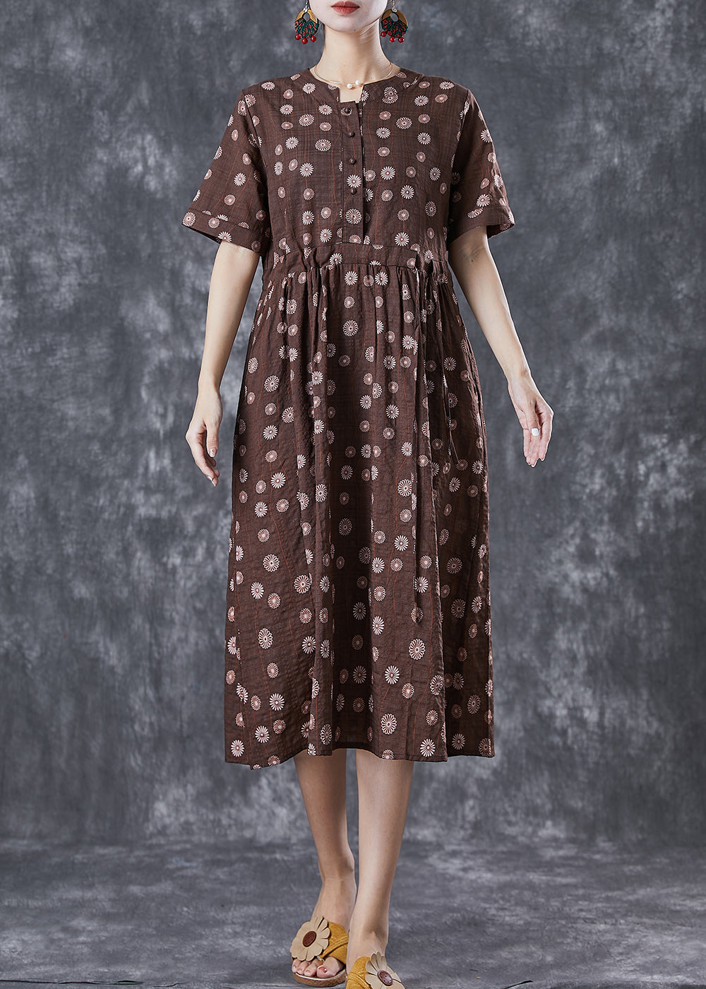 Bohemian Coffee Cinched Daisy Linen Dresses Summer LY6772 - fabuloryshop