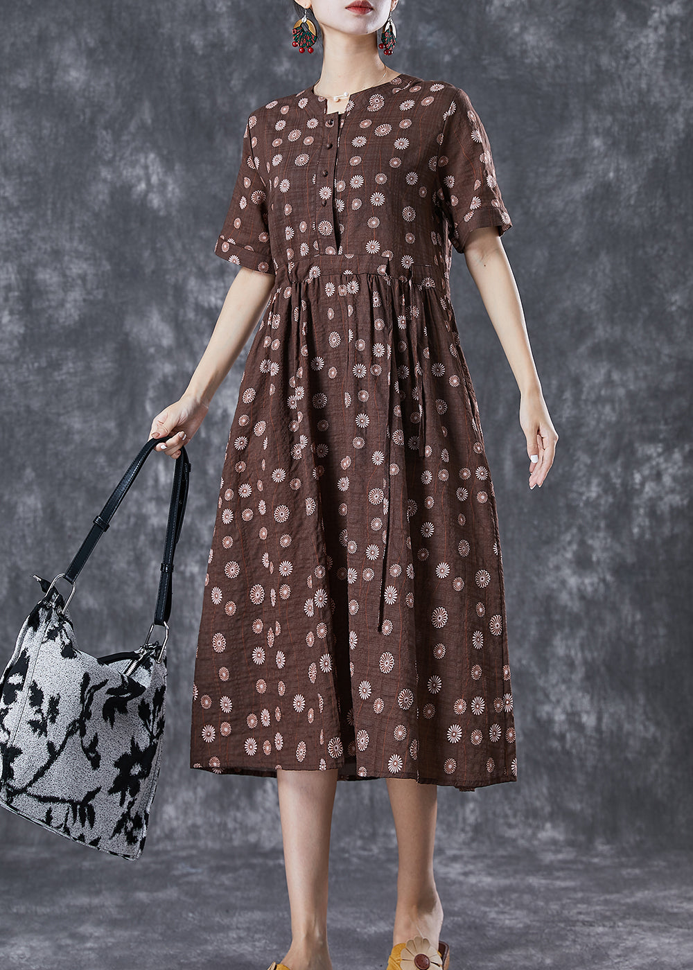 Bohemian Coffee Cinched Daisy Linen Dresses Summer LY6772 - fabuloryshop