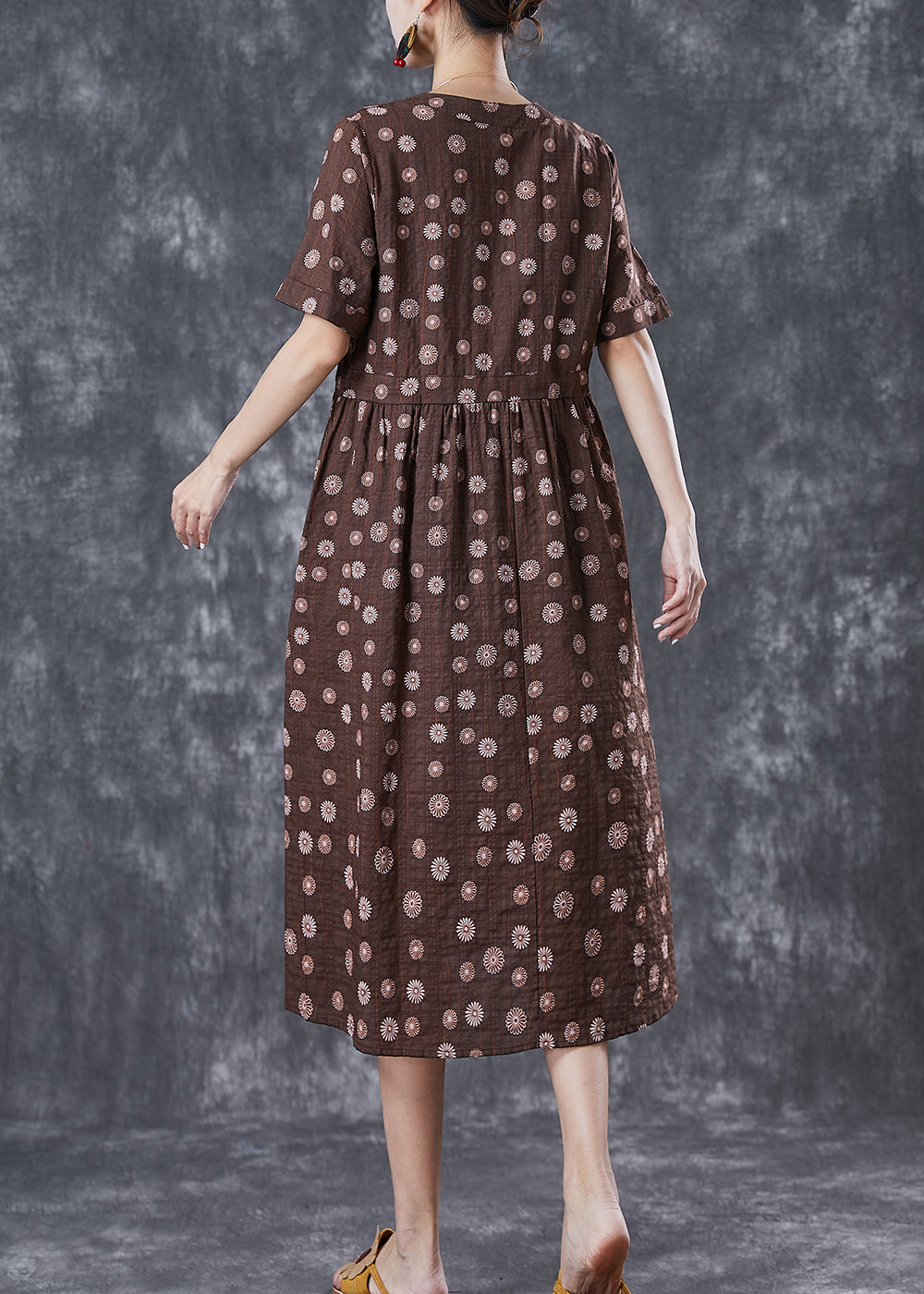 Bohemian Coffee Cinched Daisy Linen Dresses Summer LY6772 - fabuloryshop