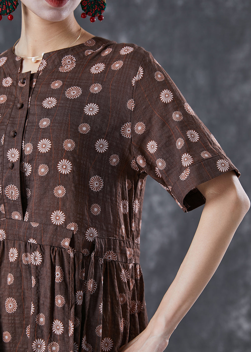 Bohemian Coffee Cinched Daisy Linen Dresses Summer LY6772 - fabuloryshop