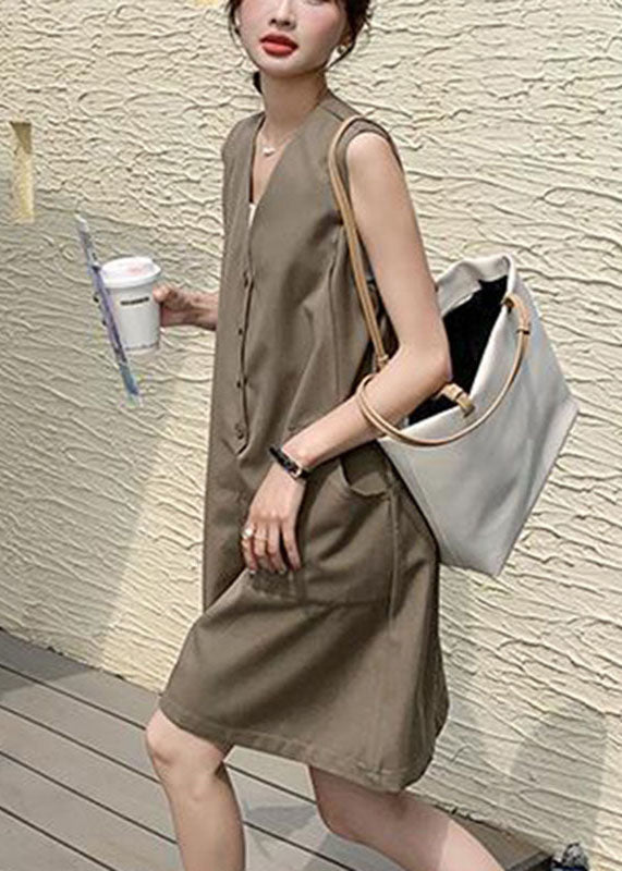 Bohemian Coffee V Neck Patchwork Button Mid Dress Summer Ada Fashion