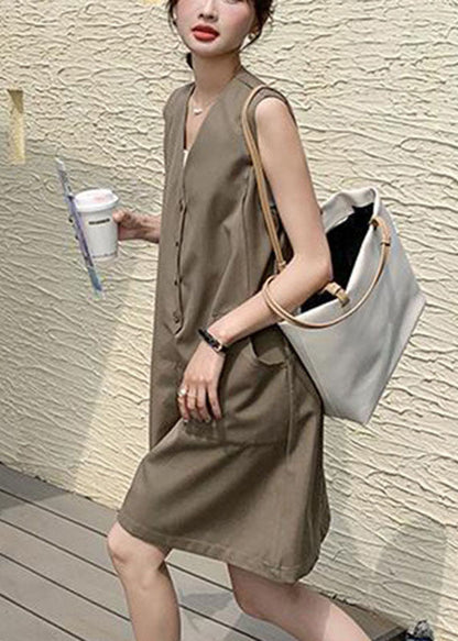 Bohemian Coffee V Neck Patchwork Button Mid Dress Summer Ada Fashion