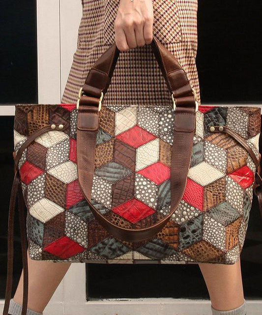 Bohemian Colorblock Geometric Appliqued Calf Leather Tote Handbag LY1371
