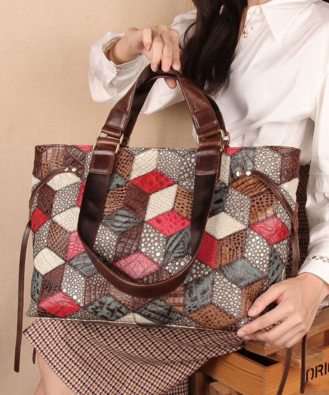 Bohemian Colorblock Geometric Appliqued Calf Leather Tote Handbag LY1371