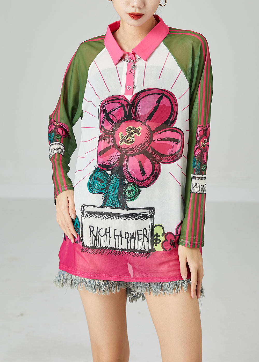 Bohemian Colorblock Peter Pan Collar Print Tulle UPF 50+ Top Summer LY2454 - fabuloryshop