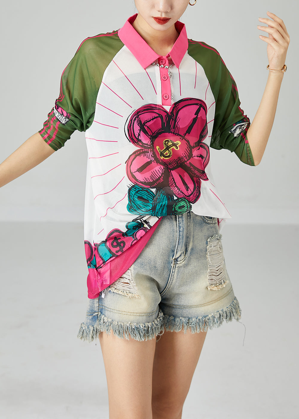 Bohemian Colorblock Peter Pan Collar Print Tulle UPF 50+ Top Summer LY2454 - fabuloryshop