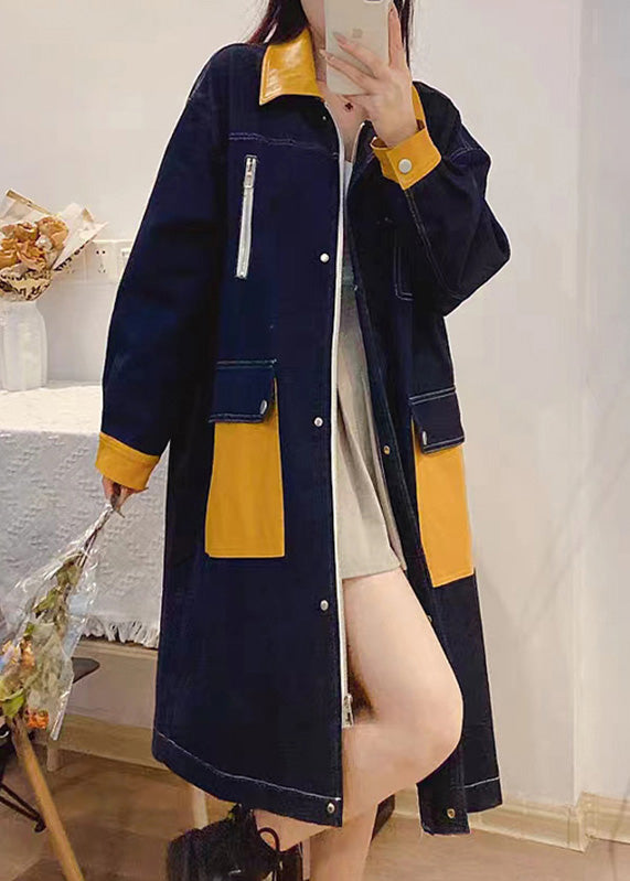 Bohemian Denim Blue Peter Pan Collar Patchwork Zippered Button Linen Long Trench Coats Fall TQ1035 - fabuloryshop