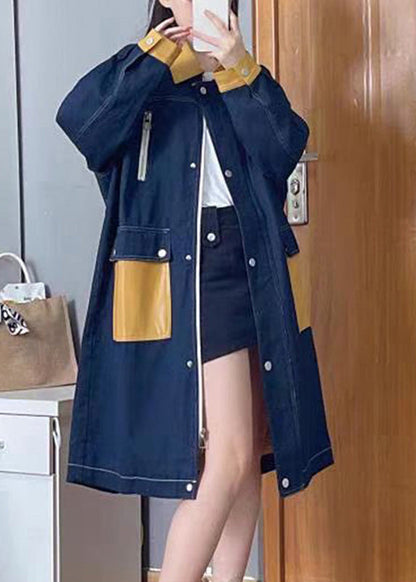 Bohemian Denim Blue Peter Pan Collar Patchwork Zippered Button Linen Long Trench Coats Fall TQ1035 - fabuloryshop